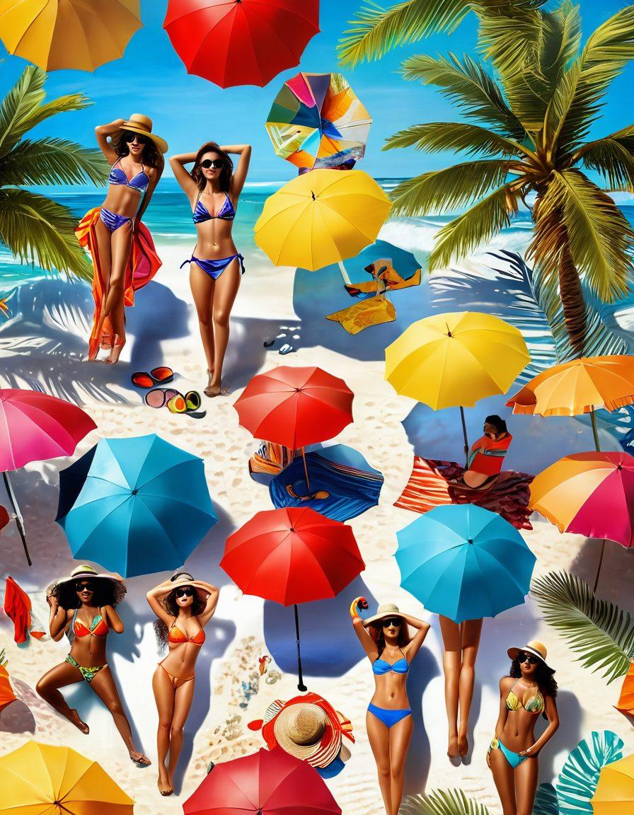 A vibrant beach scene showcasing diverse women in stylish, colorful bikinis, each representing the latest summer trends. Bright umbrellas and beach towels scattered around, with palm trees swaying in the background. The sun is shining, casting a warm glow over the happy beachgoers. Incorporate playful summer accessories like sunglasses and hats. vibrant colors. super-realistic. ocean waves softly crashing in the background.